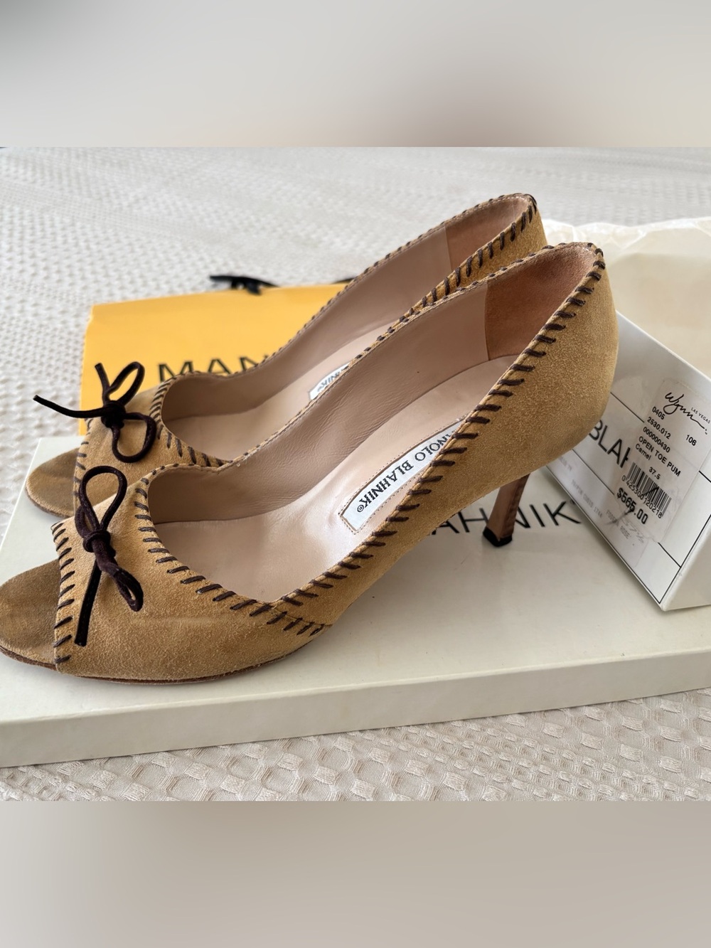 Manolo Blahnik Camel Suede Bow-Trim Pumps - Picture 1 of 4